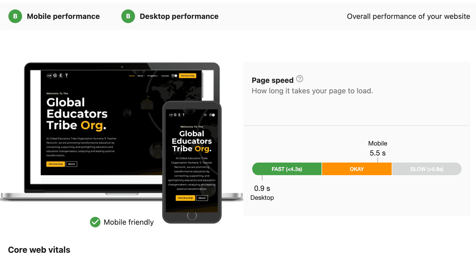 Sample MMTS WebScore Commercial Blueprint — visibility findings for page speed, mobile performance, and Core Web Vitals